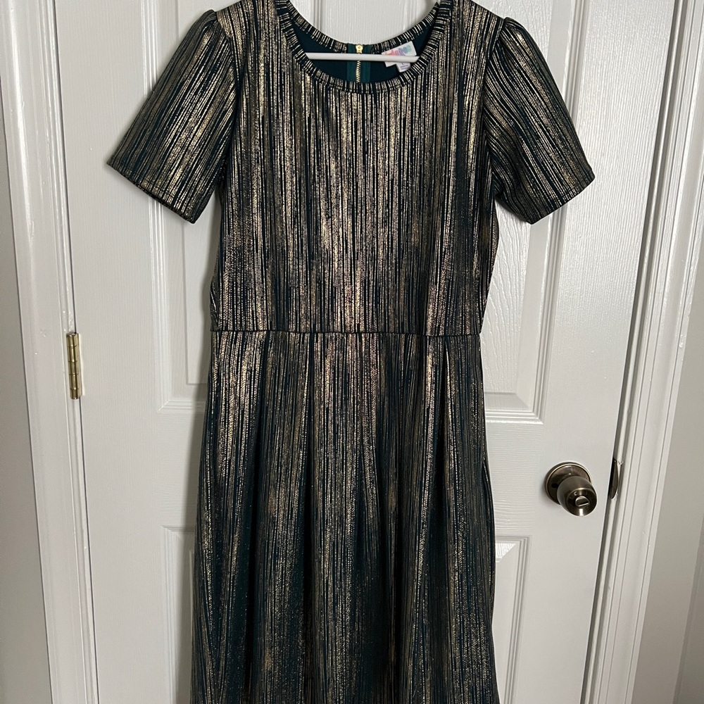 LuLaRoe Teal Dress with Gold Stripes